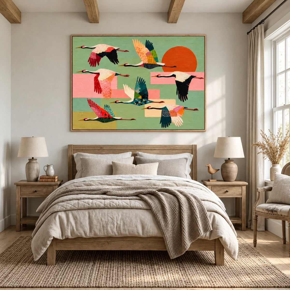 Patchwork Migration artwork displayed above a bed beneath exposed ceiling beams.