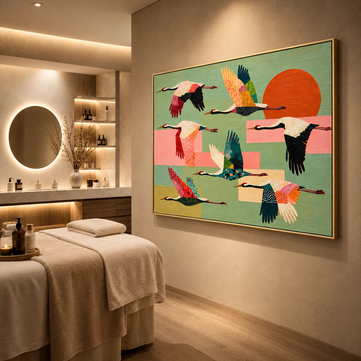 Patchwork Migration artwork displayed beside a massage table in a softly lit room.