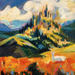 Sunlit Citadel full artwork. Golden towers rise from rolling green hills beneath sweeping white clouds, while a small white deer rests among vivid orange flowers.
