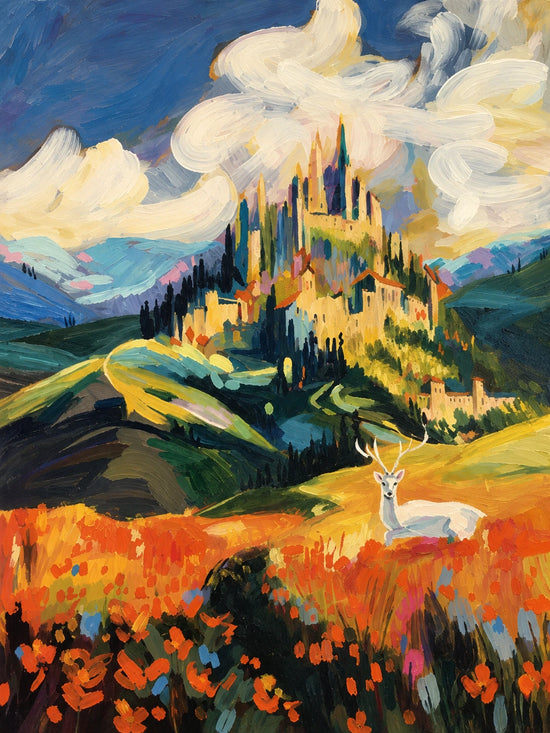 Sunlit Citadel full artwork. Golden towers rise from rolling green hills beneath sweeping white clouds, while a small white deer rests among vivid orange flowers.