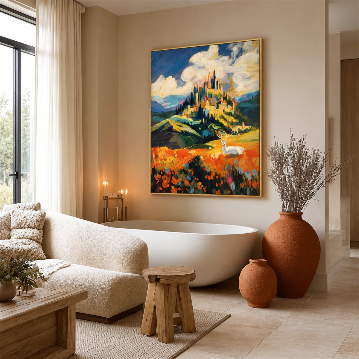 Sunlit Citadel artwork displayed above a freestanding bathtub.