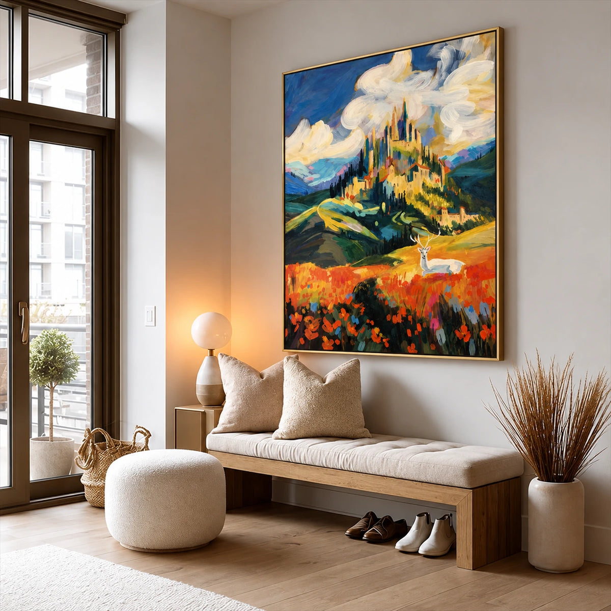 Sunlit Citadel artwork displayed above a cushioned entryway bench.