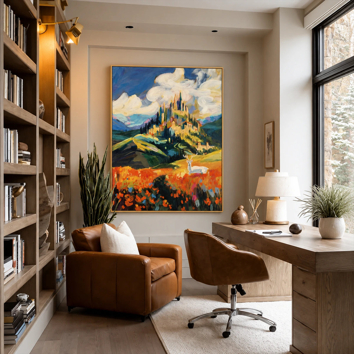 Sunlit Citadel artwork displayed above a desk in a reading room.