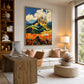 Sunlit Citadel artwork displayed above a sofa behind a wooden desk.