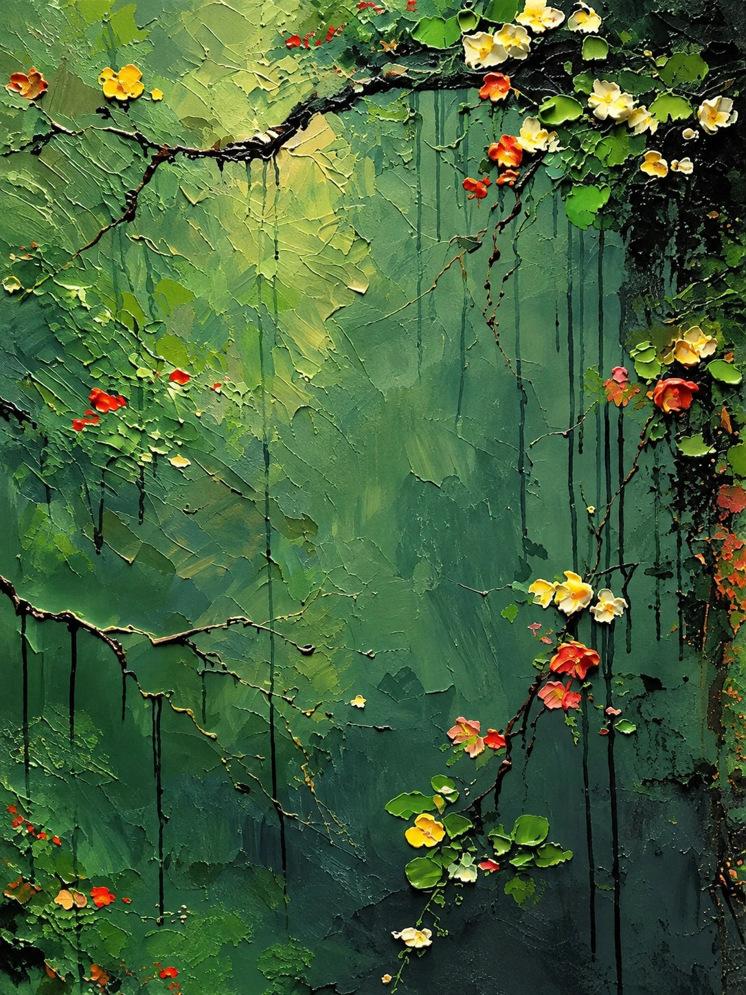 Verdant Garland full artwork. Small cream, yellow, and orange blossoms trail across a richly layered green surface.