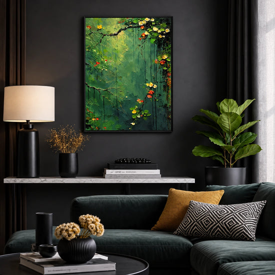 Verdant Garland artwork displayed above a console behind a dark sofa.