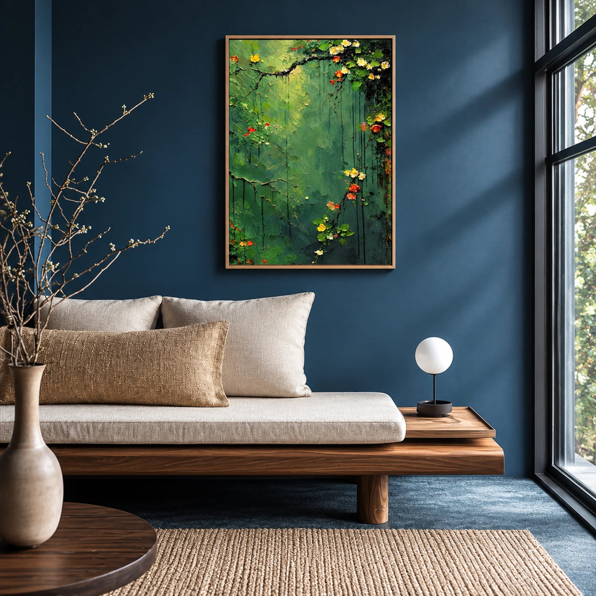 Verdant Garland artwork displayed above a wooden daybed.