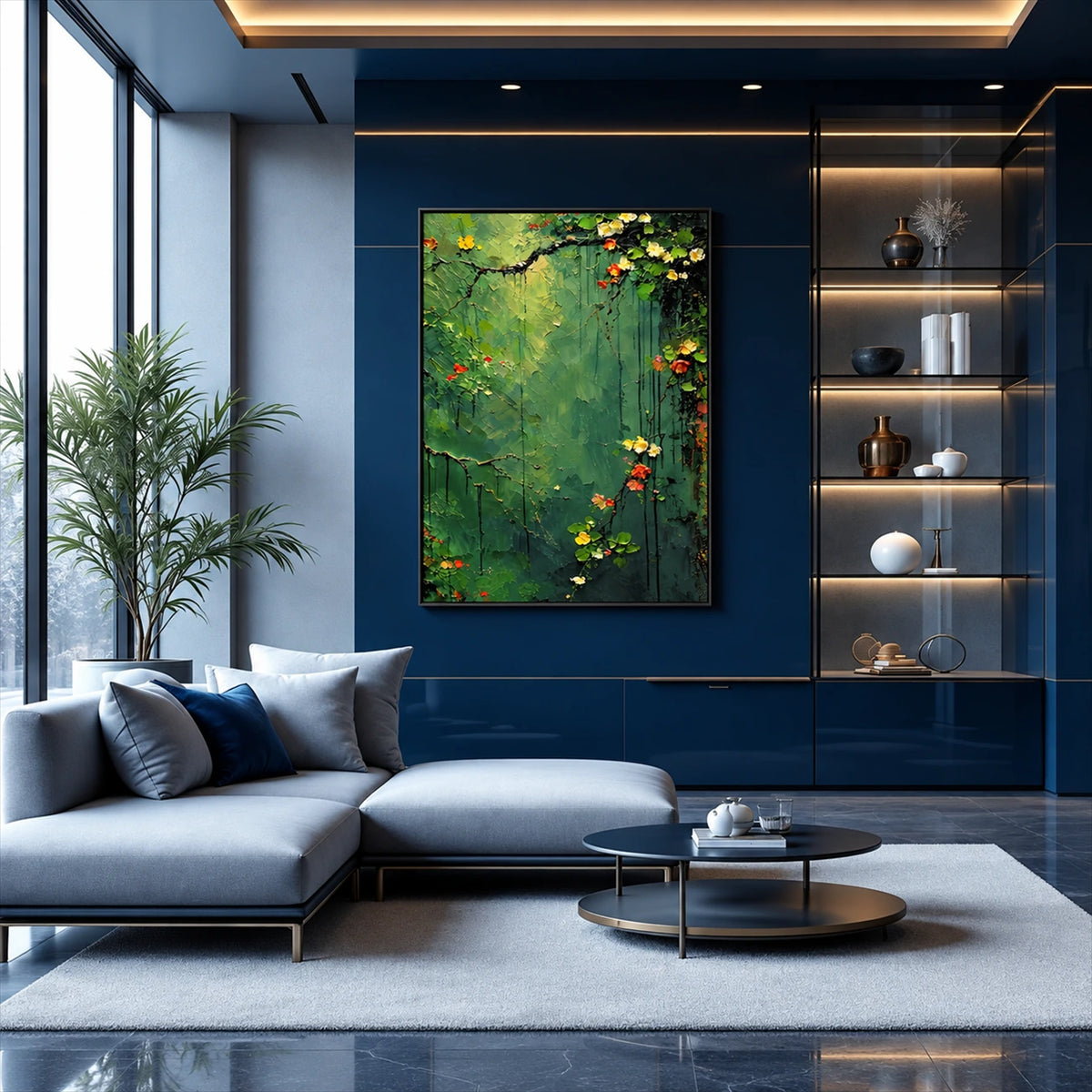 Verdant Garland artwork displayed above blue seating beside lit shelving.