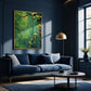 Verdant Garland artwork displayed above a blue sofa beside a window.