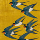 Saffron Swallows full artwork. Blue swallows sweep across an ochre-yellow ground, their pale bellies and red throats adding crisp accents.
