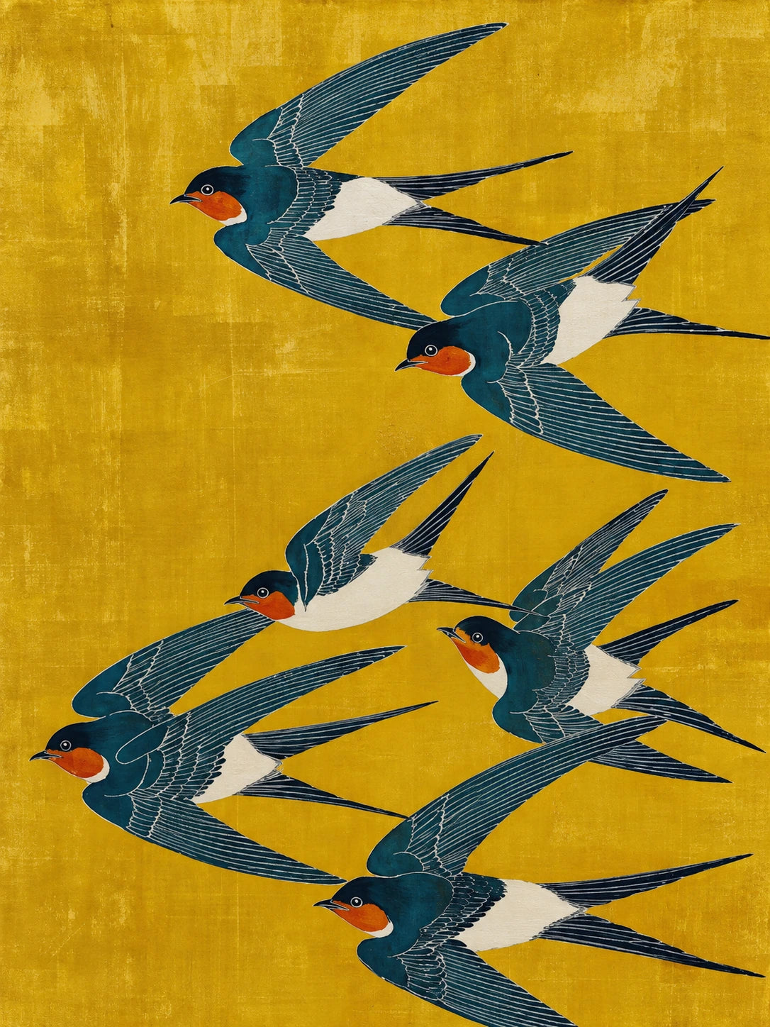 Saffron Swallows full artwork. Blue swallows sweep across an ochre-yellow ground, their pale bellies and red throats adding crisp accents.