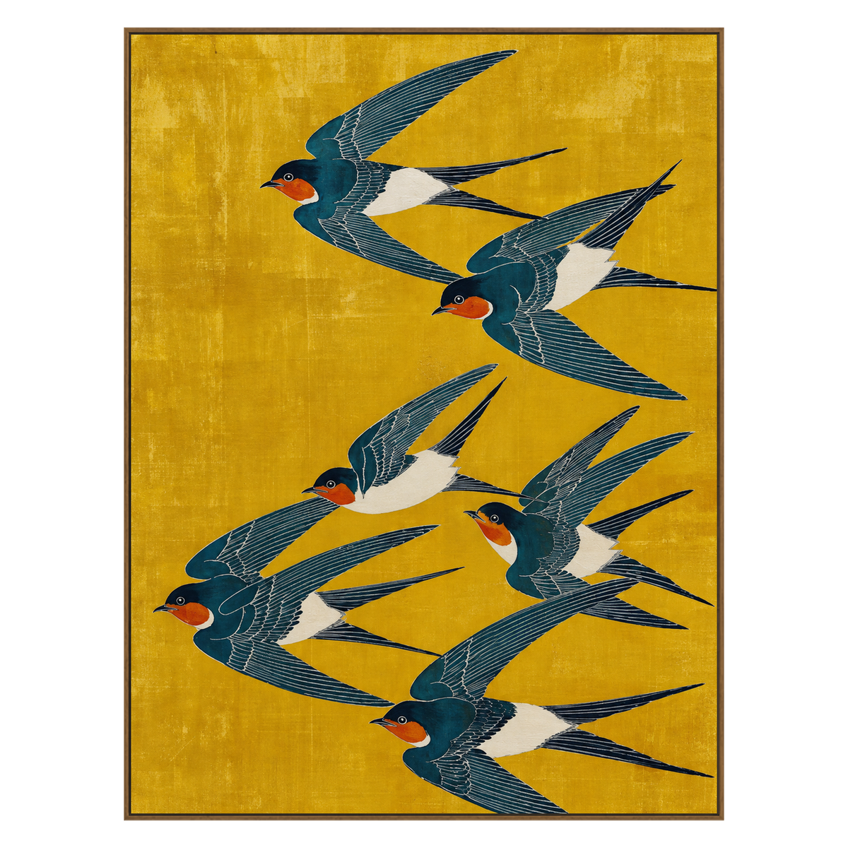 Saffron Swallows artwork in a natural wood frame on a transparent background.
