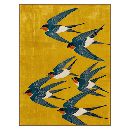 Saffron Swallows artwork in a natural wood frame on a transparent background.