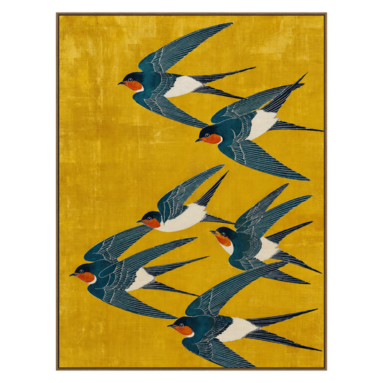 Saffron Swallows artwork in a natural wood frame on a transparent background.