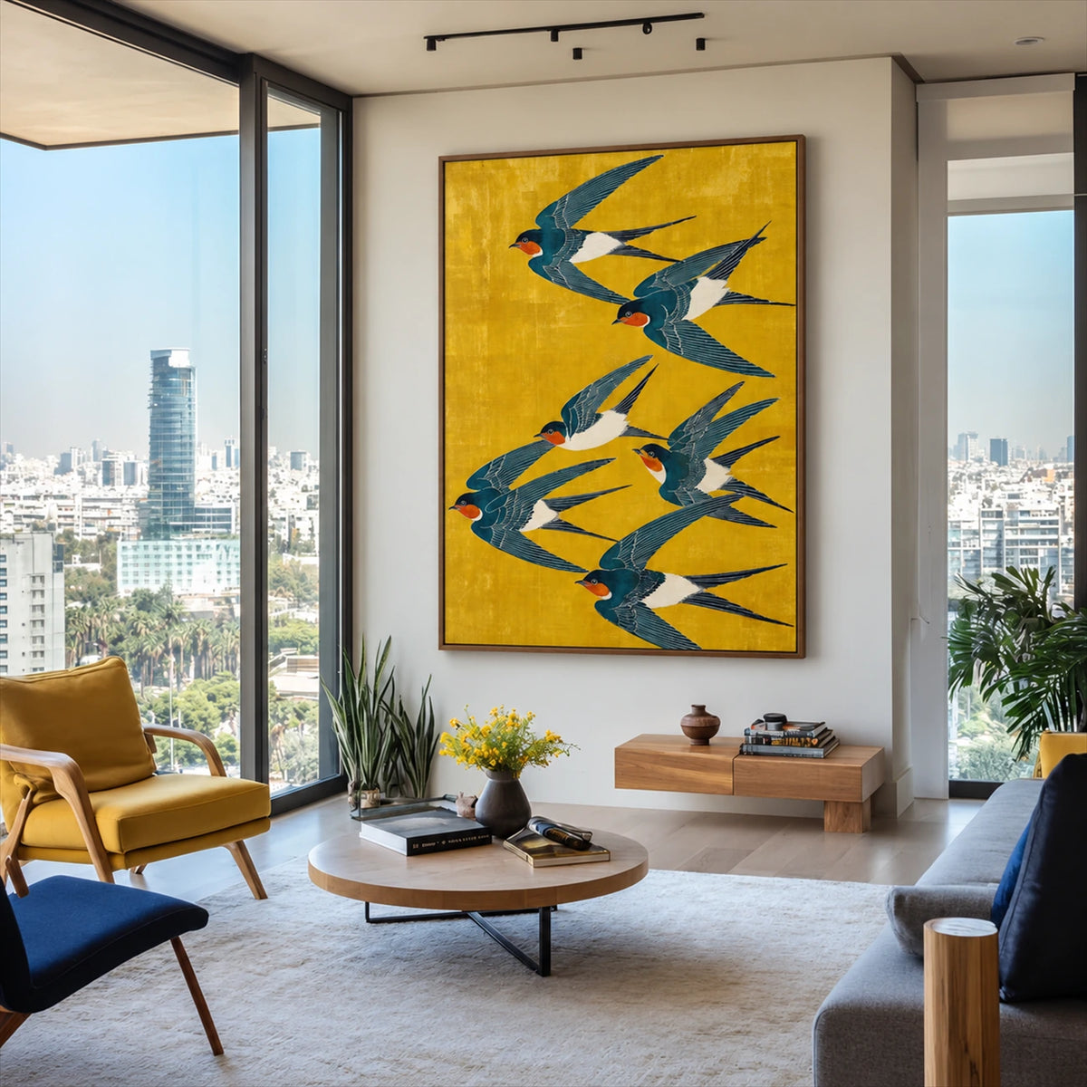 Saffron Swallows artwork displayed above a low console near city-view windows.