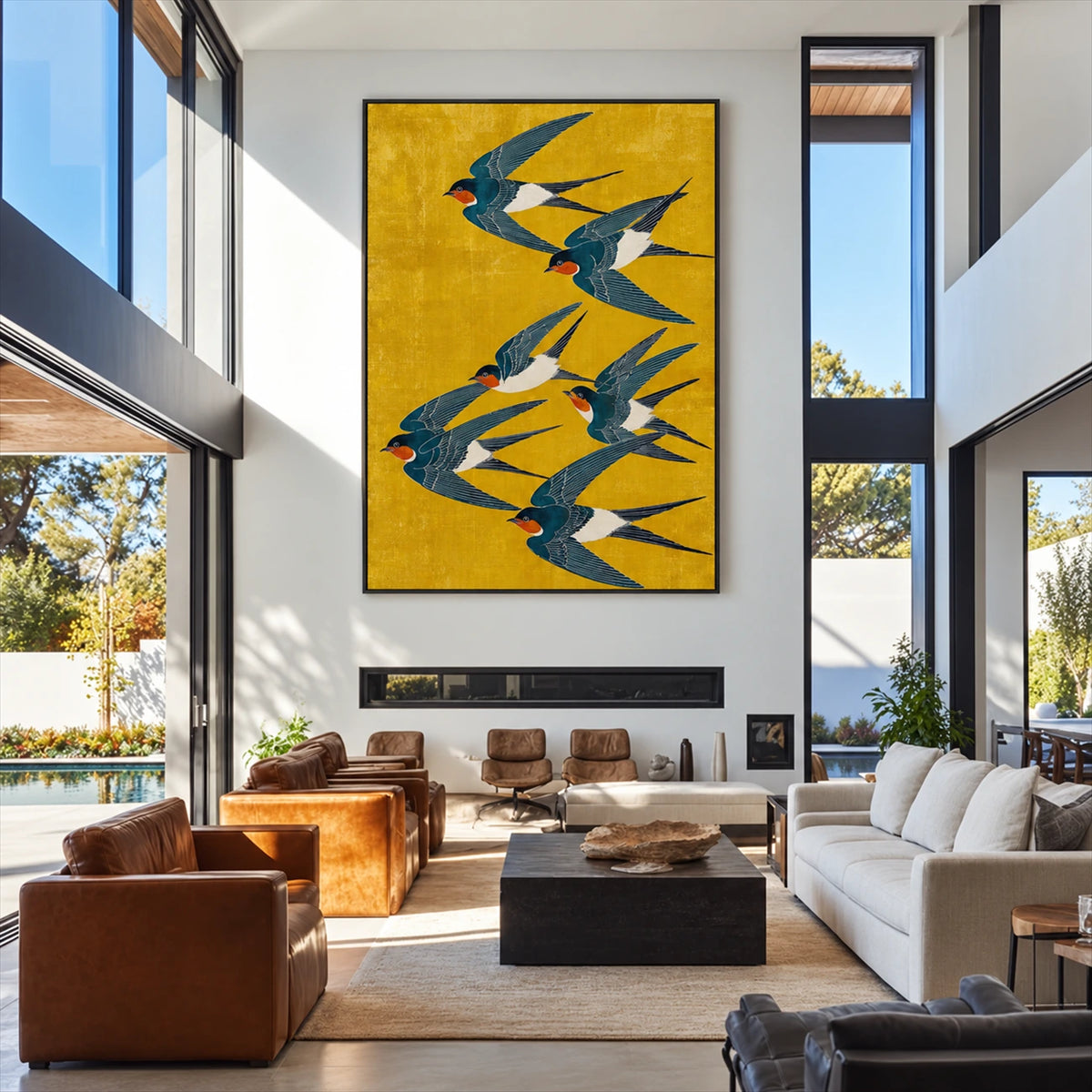 Saffron Swallows artwork displayed above a fireplace in a double-height living room.