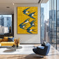 Saffron Swallows artwork displayed above seating in a bright urban living room.
