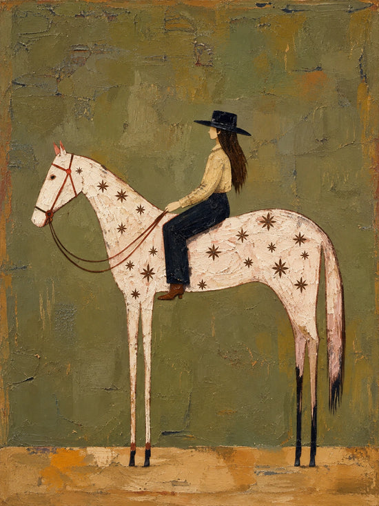 Starry Saddle full artwork. A hat-wearing rider sits quietly on a slender pale horse decorated with star-like markings.