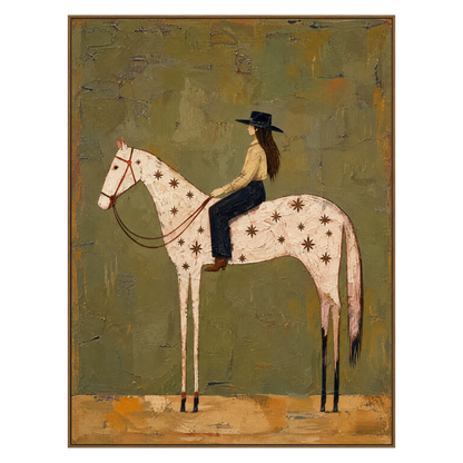 Starry Saddle artwork in a natural wood frame on a transparent background.