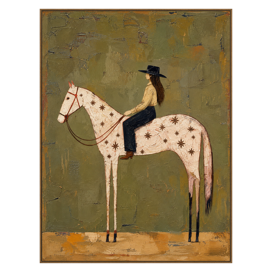 Starry Saddle artwork in a natural wood frame on a transparent background.