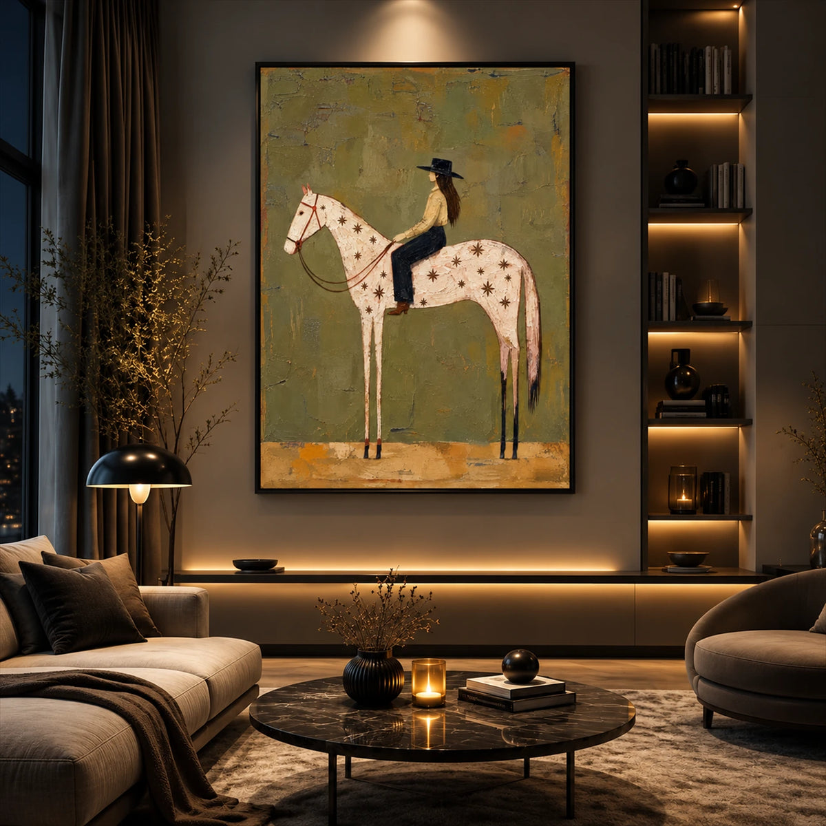 Starry Saddle artwork displayed above a low console behind lounge seating.