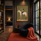 Starry Saddle artwork displayed beside a dark lounge chair and red rug.