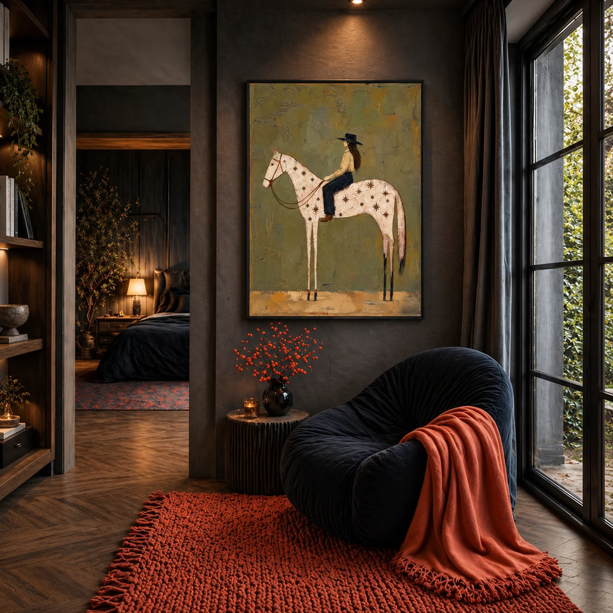 Starry Saddle artwork displayed beside a dark lounge chair and red rug.