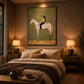 Starry Saddle artwork displayed above a bed in a warm bedroom.