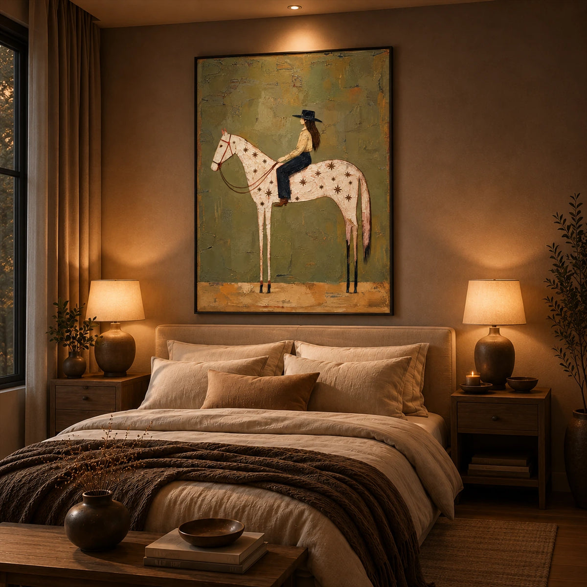 Starry Saddle artwork displayed above a bed in a warm bedroom.