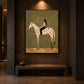 Starry Saddle artwork displayed above a bench in a dim hallway.