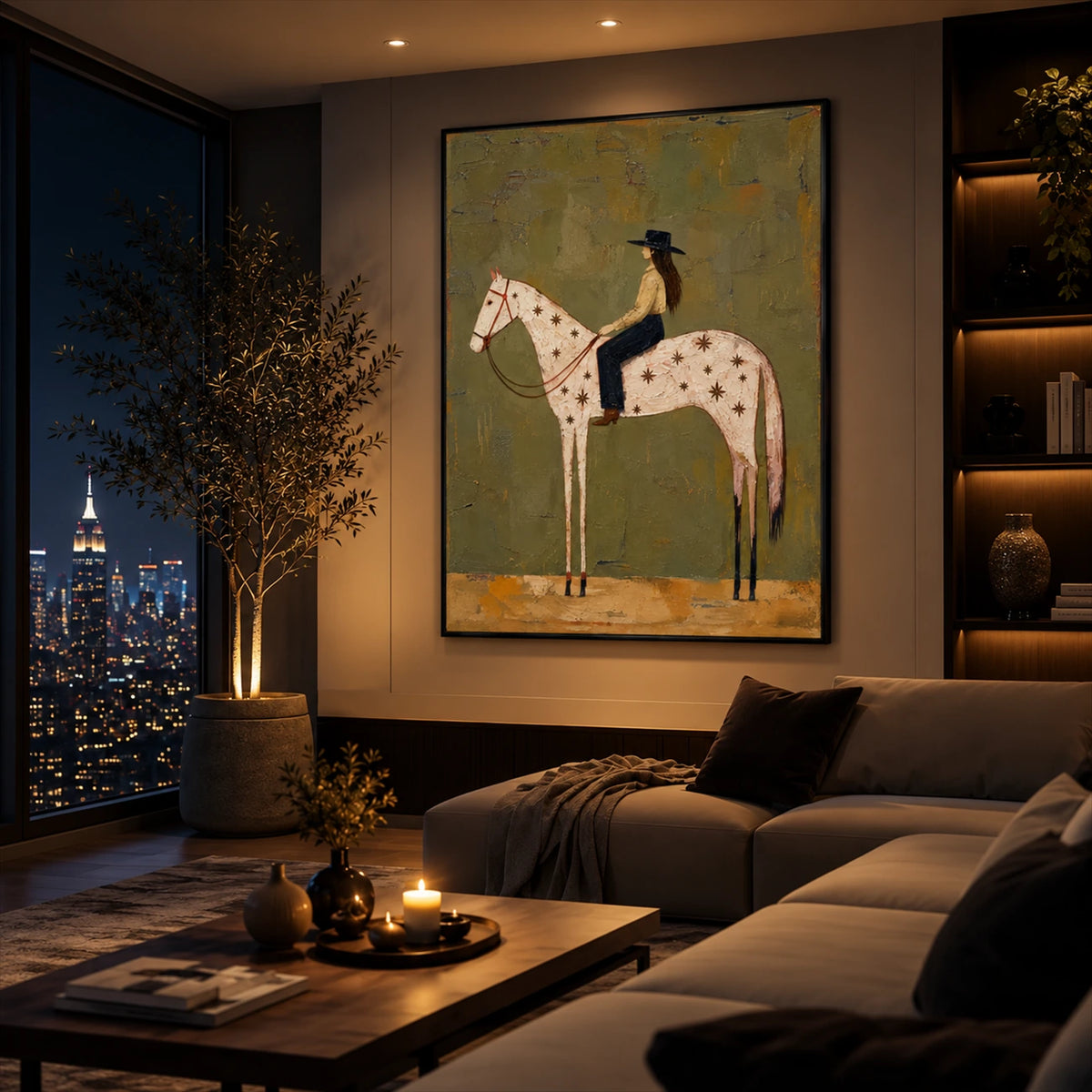 Starry Saddle artwork displayed above a dark sofa beside city-view windows.