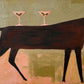 Twilight Trot full artwork. A long dark horse moves across muted blocks of sage, peach, and ochre while two cocktail glasses balance on its back.