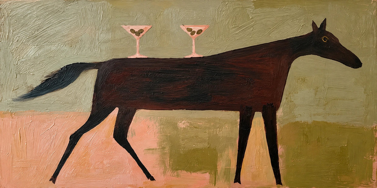 Twilight Trot full artwork. A long dark horse moves across muted blocks of sage, peach, and ochre while two cocktail glasses balance on its back.