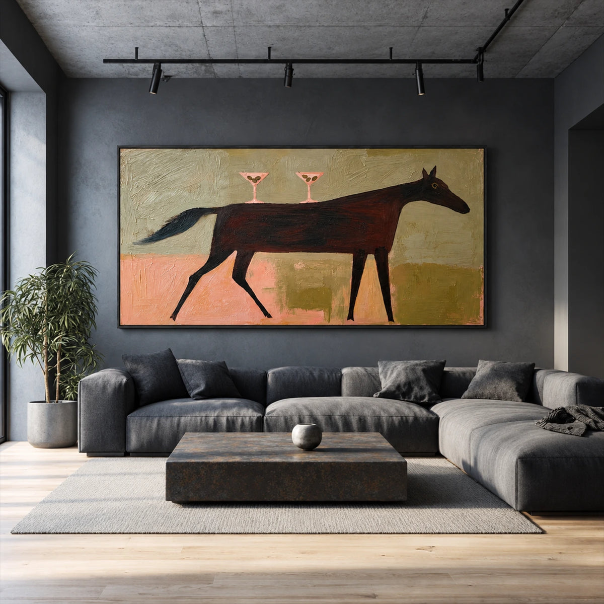 Twilight Trot artwork displayed above a gray sectional beneath a concrete ceiling.