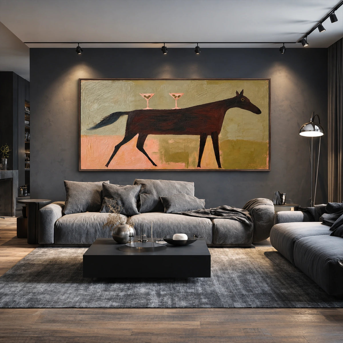 Twilight Trot artwork displayed above a dark sectional in a lounge.