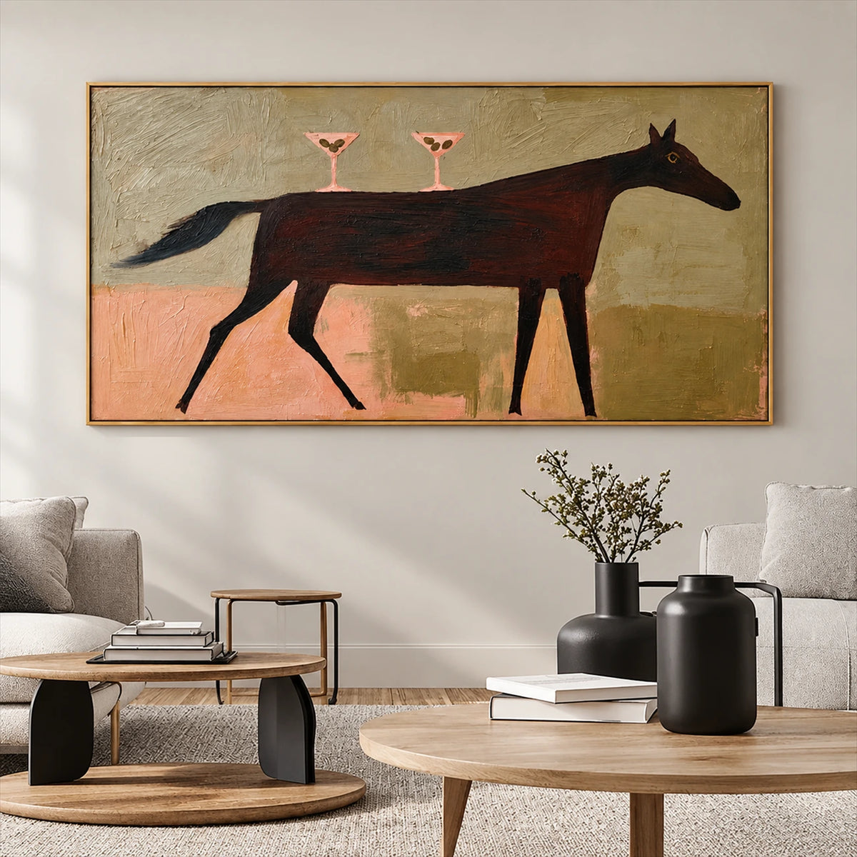 Twilight Trot artwork displayed above neutral seating and wooden tables.