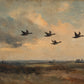 Duskbound Flight full artwork. Four dark birds cross a softly glowing sky above an open stretch of weathered land.