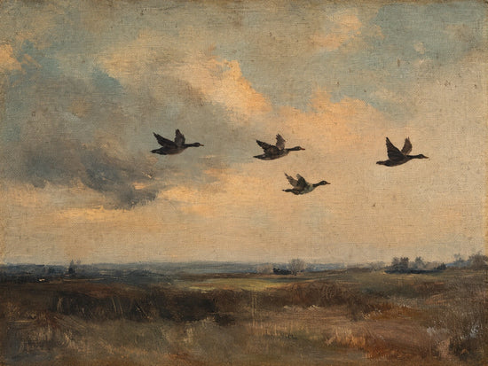 Duskbound Flight full artwork. Four dark birds cross a softly glowing sky above an open stretch of weathered land.