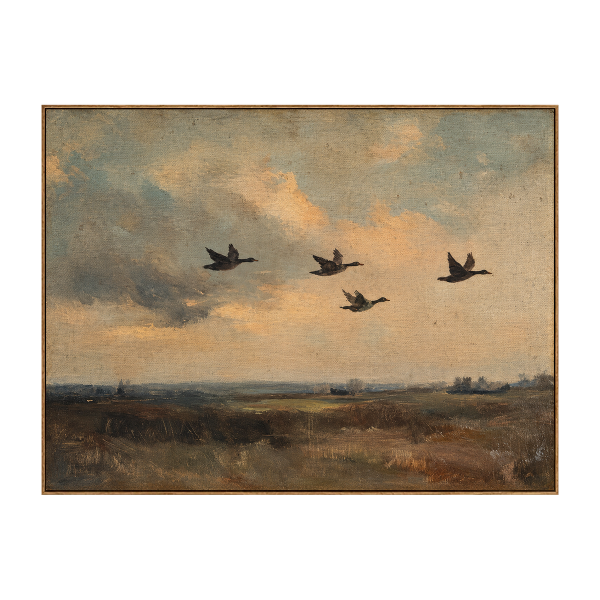 Duskbound Flight artwork in a natural wood frame on a transparent background.