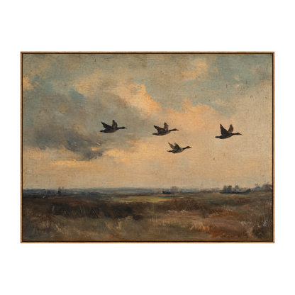 Duskbound Flight artwork in a natural wood frame on a transparent background.
