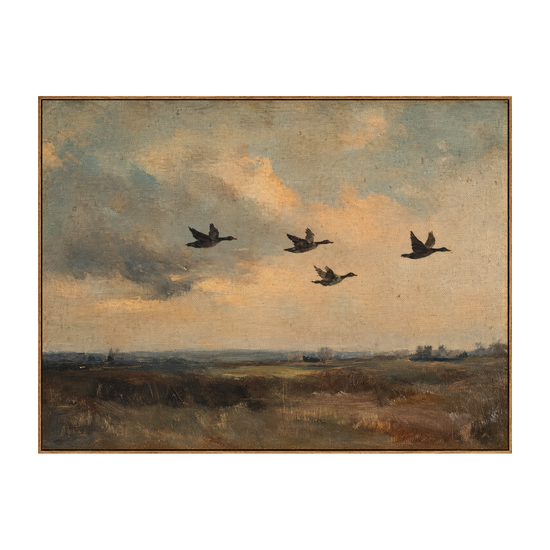 Duskbound Flight artwork in a natural wood frame on a transparent background.