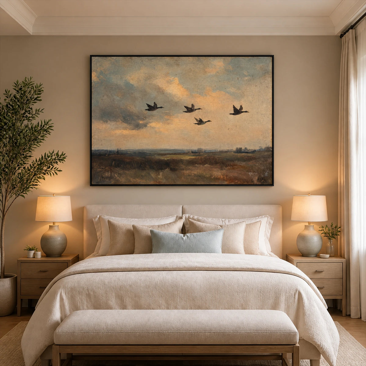 Duskbound Flight artwork displayed above a cream upholstered bed.