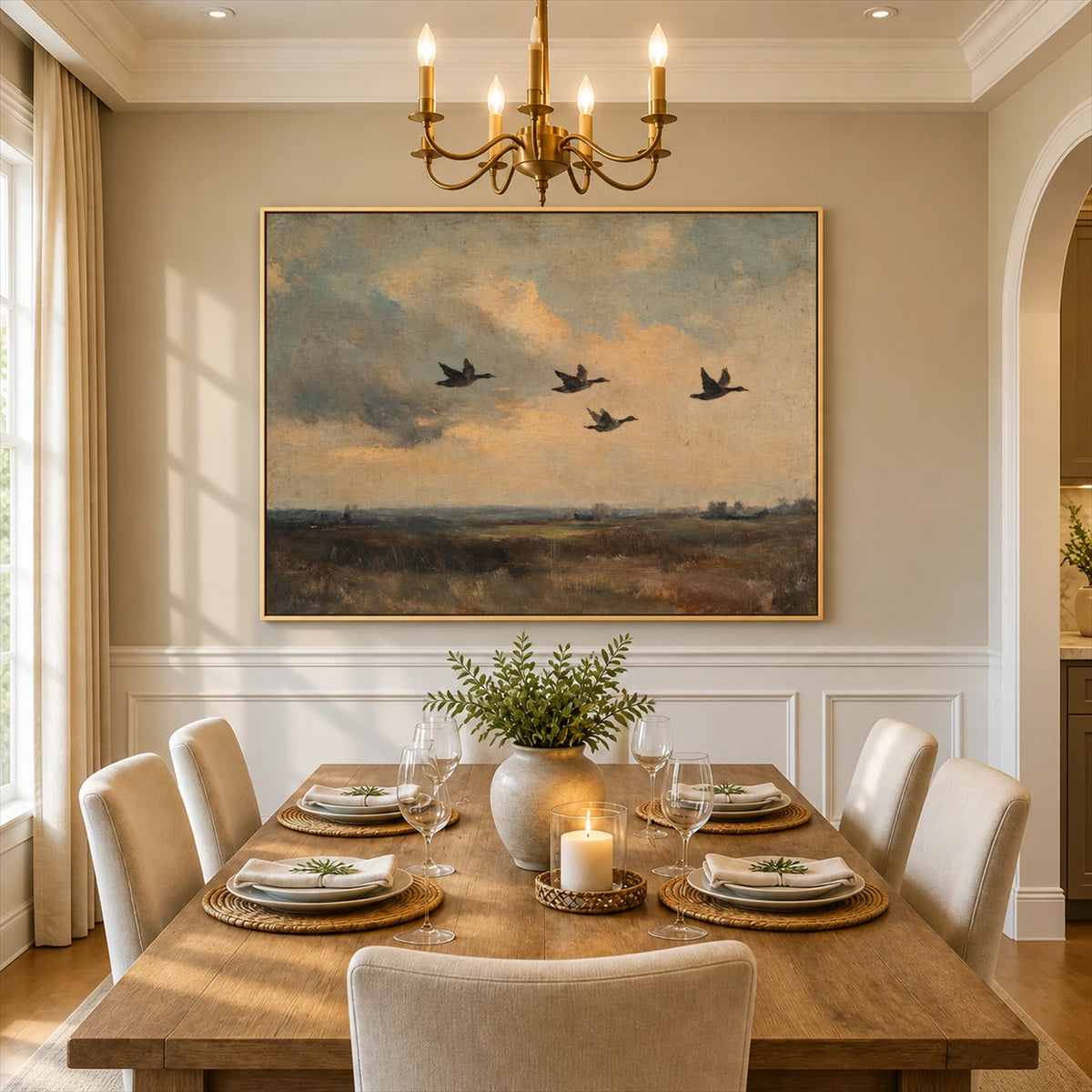 Duskbound Flight artwork displayed above a dining table beneath a chandelier.