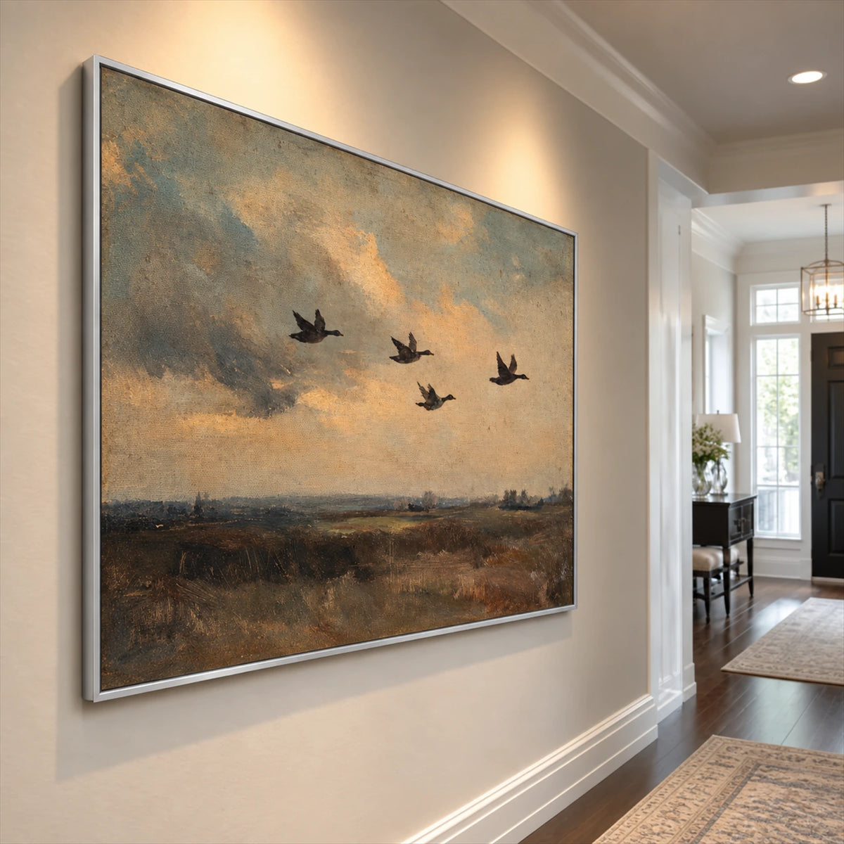Duskbound Flight artwork displayed on a bright hallway wall.