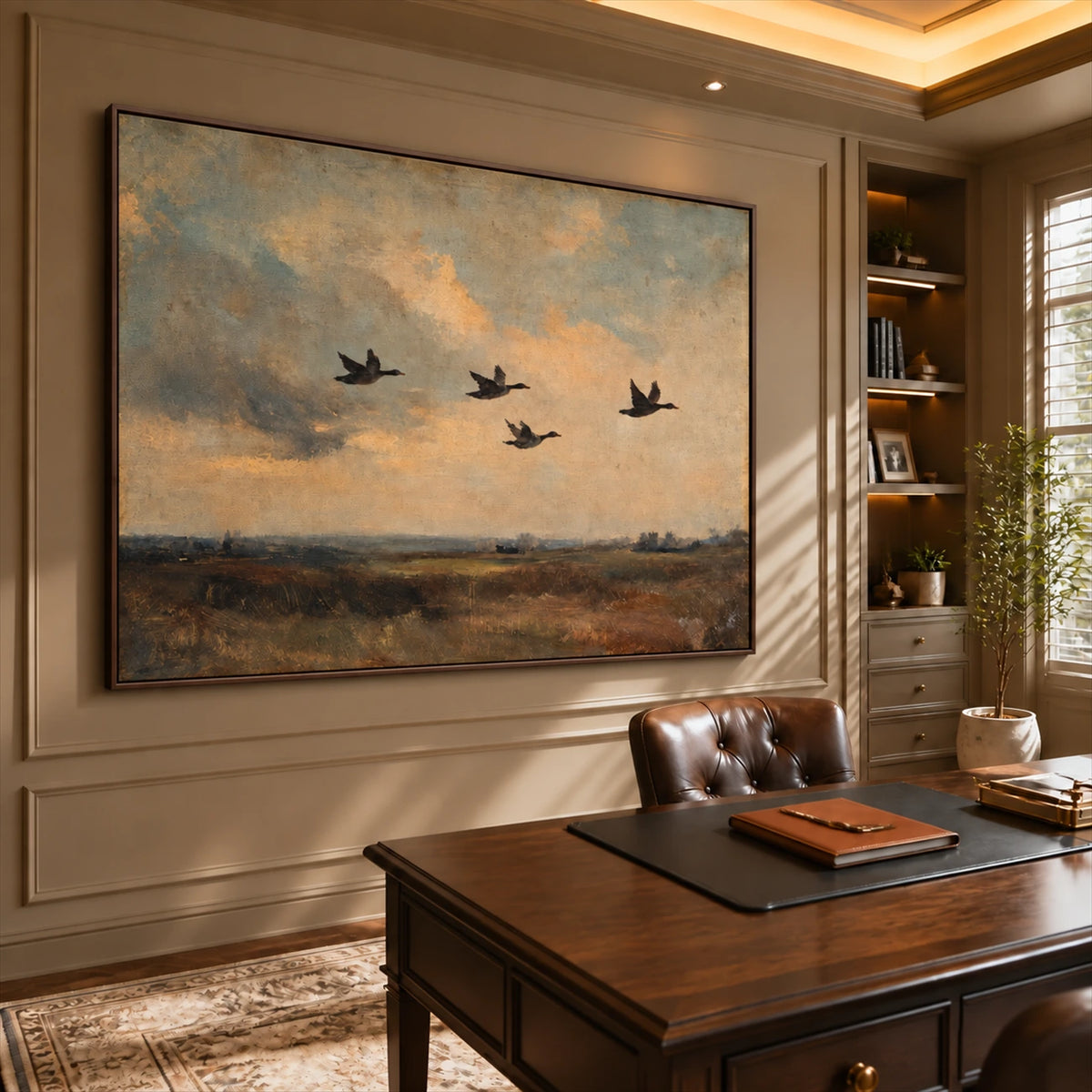 Duskbound Flight artwork displayed above a wooden desk in a paneled office.