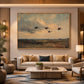 Duskbound Flight artwork displayed above a cream sofa.
