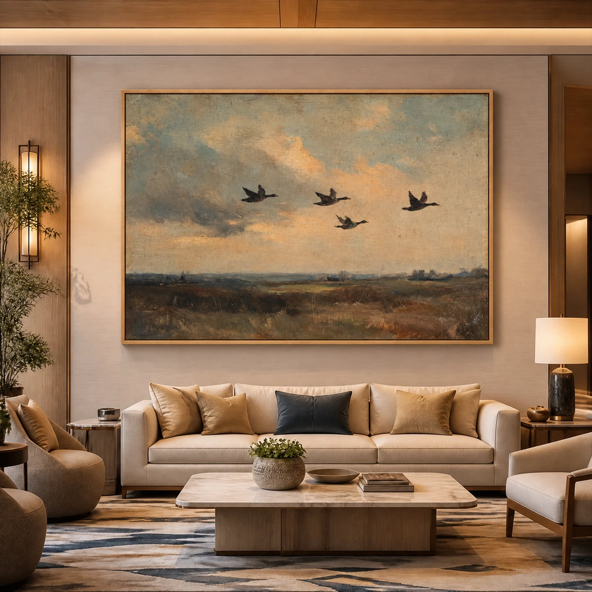 Duskbound Flight artwork displayed above a cream sofa.