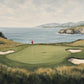Coastal Green full artwork. A coastal putting green curves between pale sand bunkers and grasses above a broad blue bay.