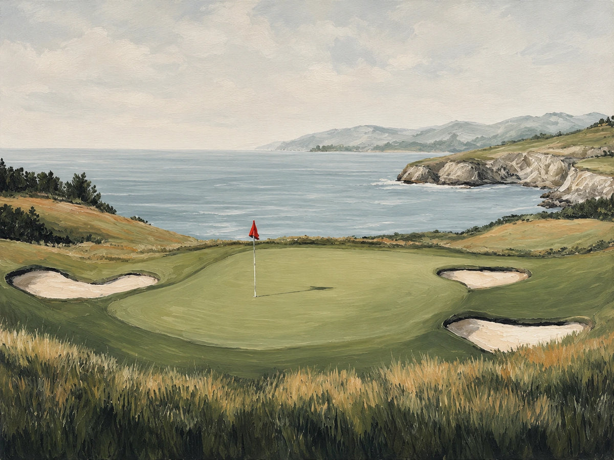 Coastal Green full artwork. A coastal putting green curves between pale sand bunkers and grasses above a broad blue bay.