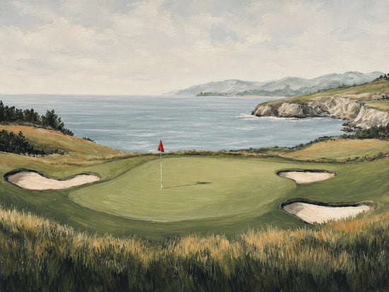 Coastal Green full artwork. A coastal putting green curves between pale sand bunkers and grasses above a broad blue bay.
